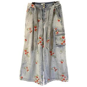 Anthropologie Driftwood Olivia High Rise Cargo Jeans Sz 33 Strawberries Wide Leg